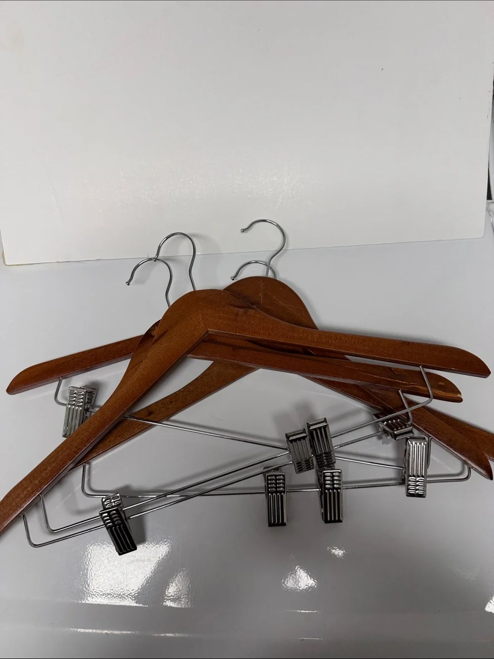 Wooden Suit & Pant Hanger Set - Brown and Silver - Set of 4 LIKE NEW Pants Clips